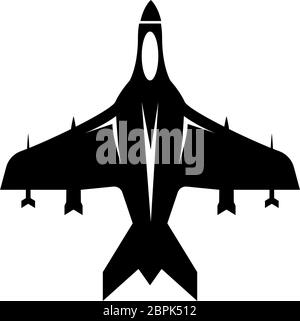 Flying Fighter Jet, War Airplane, Air Bomber. Abbildung des Symbols für flache Vektorgrafik. Einfaches schwarzes Symbol auf weißem Hintergrund. Flying Fighter Jet, Air Bomber s Stock Vektor