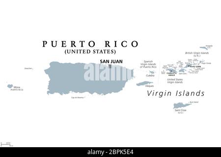 Puerto Rico und Jungferninseln, graue politische Karte. Britische, spanische und amerikanische Jungferninseln. Stockfoto