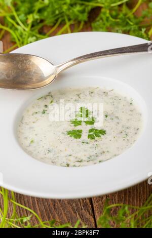 Frischer Kerbel Suppe in einer Schüssel auf Holz Stockfoto