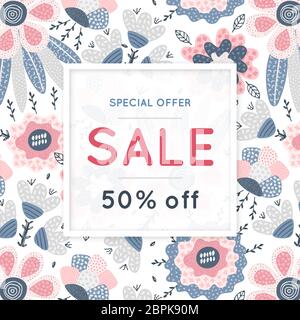 Verkauf. Blumenmuster. Handgezeichnete Blumen. Rabatt. Einkaufen. Handel. Farbenfroher Hintergrund mit Blüte. Abstraktes Kraut. Frühling. Flyer, Werbung Stockfoto
