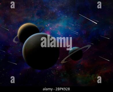 Exosolar Planeten und Meteoriten. 3D-Rendering. Stockfoto