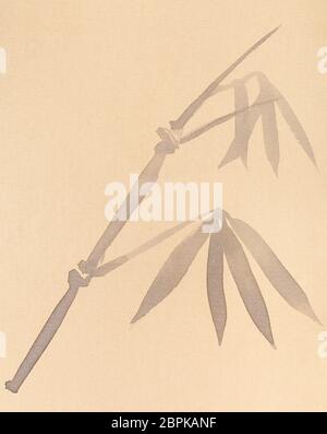 Ausbildung Zeichnung in Sumi-e (suibokuga) Stil-Zweig des Bambus handbemalt mit schwarzen Aquarell auf gelbes Papier Stockfoto