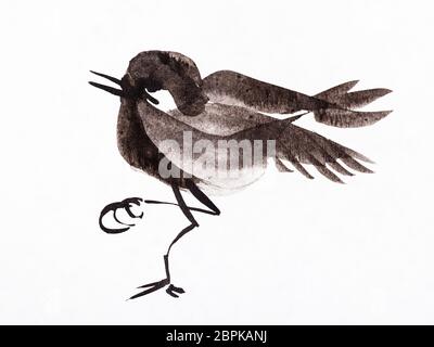 Ausbildung Zeichnung in Sumi-e (suibokuga) Stil - kleine Vogel handbemalt mit schwarzen Aquarelle auf weißem Papier Stockfoto