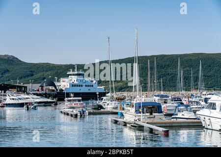 Nesna, Norwegen - 06. August 2019: Blick auf den Yachthafen von Nesna: Viele Motorboote, Segelboote, Fischerboote im ruhigen blauen Ozean. Ausflug nach Nesna, sonniger Kal Stockfoto