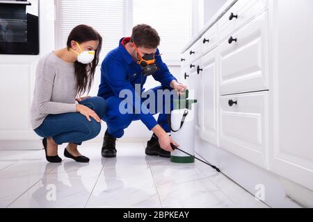 Frau an männlichen Schädlingsbekämpfung Arbeitnehmer Sprühen von Pestiziden auf Holzgehäuse Stockfoto