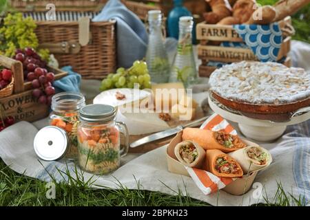 Picknick auf einer Decke auf dem Rasen mit Gemüse Konserven, Veggie Wraps, Käse, Weintrauben, Kuchen zum Nachtisch und kalten Wasser hineingegossen in Bot Stockfoto
