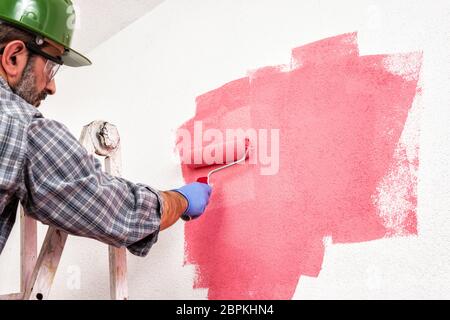 Kaukasische Haus Maler Arbeiter auf einem metallischen Leiter, mit der Walze er malt die Wand mit den farbigen Anstrich von Pink. Bauindustrie. Unten Stockfoto