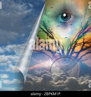 Surrealismus. Gottes Auge, Mond und Wolken. Anzug und Zweige eines Baumes. Stockfoto