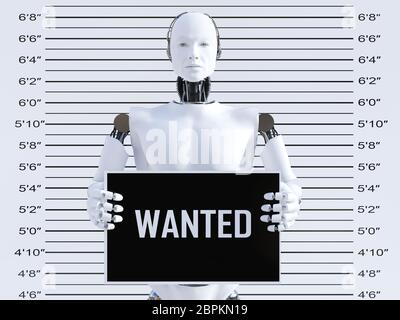 3D-Rendering eines männlichen Roboter halten wollte, Zeichen, während seine Polizeifoto. Konzept der Internetkriminalität und Hacker. Stockfoto