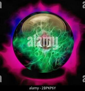 Prophet's Crystal Ball mit Auge. 3D-Rendering. Stockfoto