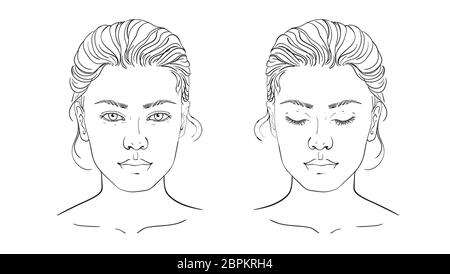 Diagramm Make-up-Artist leer. Vorlage. Vector Illustration. Abbildung auf einem weißen Hintergrund Gliederung der menschlichen weiblichen Gesicht für Make-up. Stockfoto