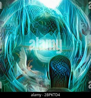 Geistliche Komposition. Engel im Tunnel des Lichts Stockfoto