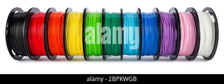 Bunte helle breites Panorama Reihe der Schieber 3d Drucker pla abs-filament Kunststoff auf weißem Hintergrund Stockfoto