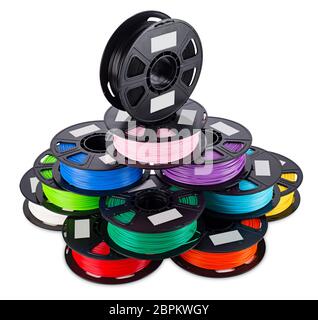 Bunte helle Ablagestapel des Schiebers 3d Drucker pla abs-filament Kunststoff auf weißem Hintergrund Stockfoto