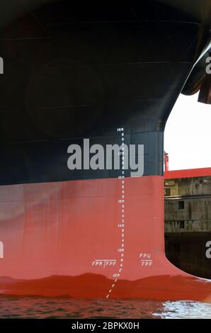 Tiefgang und Wasserlinie am bauchigen Bug eines Containerschiffes im Hamburger Hafen Stockfoto