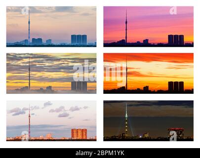 Collage aus verschiedenen Sonnenuntergänge und Sonnenaufgänge über Stadt Stockfoto