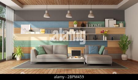 Farbenfrohe Wohnzimmer einer modernen Villa mit Stoff Sofa und Holztäfelung an Hintergrund - 3D-Rendering Stockfoto