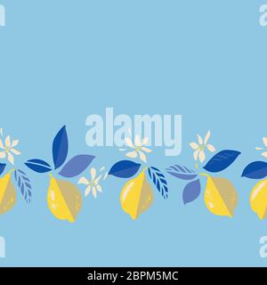 Vektor tropisch modernen mediterranen Sommer Zitrone wiederholende Grenze. Handgezeichnetes, helles, strukturiertes Zitrusfrucht-Muster mit Blatt und Knospe auf blauem Hintergrund. Klassische einfache Sommer-Kulisse. Stock Vektor