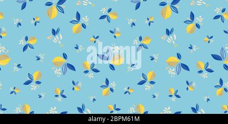 Vektor floral modernen mediterranen Sommer Zitrone wiederholendes Muster. Handgezeichnetes, helles, strukturiertes Zitrusfrucht-Muster mit Blatt und Knospe auf blauem Hintergrund. Klassische einfache Sommer-Kulisse. Stock Vektor