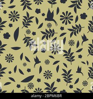 Nahtlose Muster schwarze Silhouetten von Blumen, Blättern und Vögeln orientalischen Stil Stock Vektor