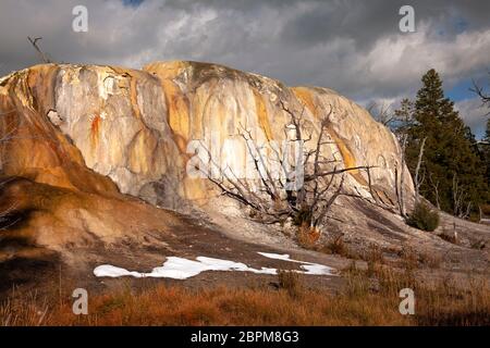 WY04422-00...WYOMING - Orange Mound nach einem Schneesturm in der frühen Saison auf der Upper Terrace in Mammoth Hot Springs im Yellowstone National Park. Stockfoto