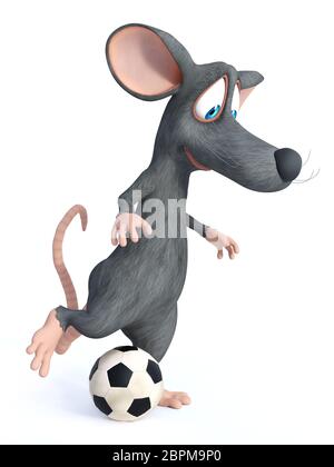 3D-Rendering von einem netten Lächeln cartoon Maus treten ein Fußball. Weißer Hintergrund. Stockfoto