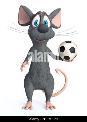 3D-Rendering von einem netten Lächeln cartoon Maus mit einem Fußball in der Hand posieren. Weißer Hintergrund. Stockfoto