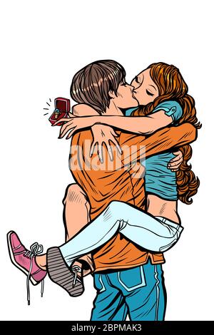 Heiratsantrag Hochzeit Ring. verliebtes Paar Umarmungen leidenschaftlichen Kuss. Mann mit Frau in seinen Armen. Comic cartoon Pop Art retro Vektor Illustration dr Stockfoto