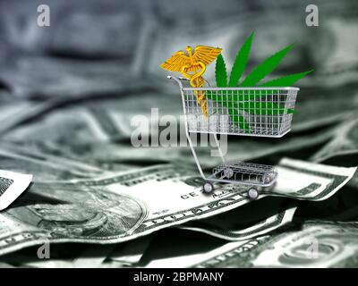 Marihuana Blatt und caduceus in einen Warenkorb. US-Dollar. Stockfoto