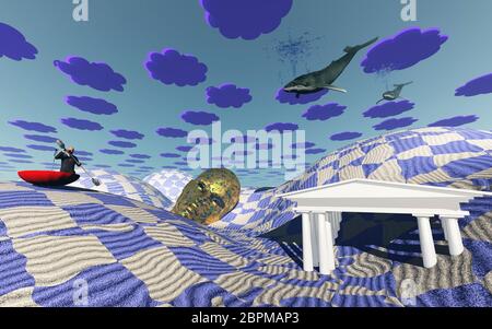 Seltsame wüste Szene mit fliegenden Wale und man Bootfahren in Sand in großer Regenschirm Stockfoto