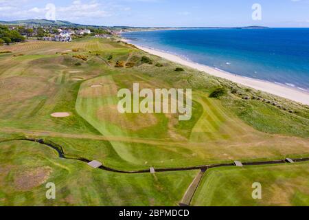 Luftaufnahme des Lundin Links Golfplatzes in Fife, Schottland, Großbritannien, Kurs wegen Covid-19 Sperrung geschlossen Stockfoto