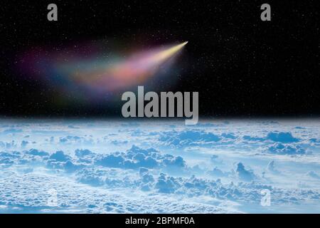 Kometen fliegen im Raum über weiße Wolken. Kometen fliegen im Raum über dem Planeten Erde. Raum, Landschaft. Sternenhimmel mit fallenden Kometen über der Oberfläche von Eart Stockfoto