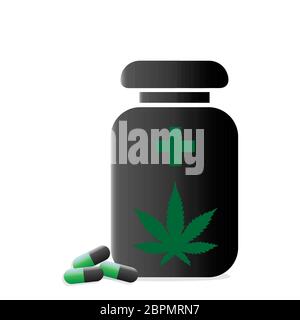 Schwarze Marihuana-Pillen Flasche auf weißem Hintergrund. Icon-Logo für das Gesundheits- und Medizinkonzept für CBD-Produkte. Stock Vektor