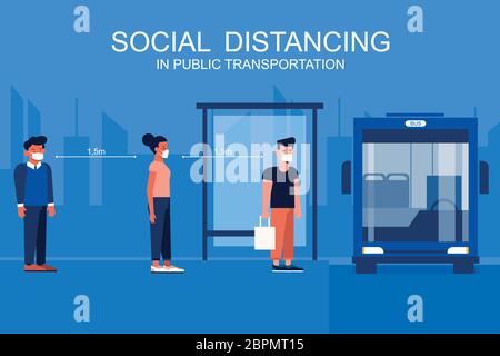 Soziale Distanzierung im öffentlichen Verkehr, Aufrechterhaltung der sozialen sozialen Distanzierung für covid-19 Pandemiesituation Stock Vektor