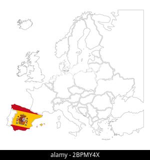 Detaillierte Spanien Silhouette mit Nationalflagge auf Kontur europa Karte auf weiß Stock Vektor