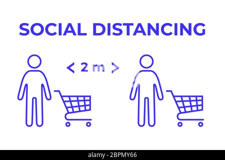 Halten Sie Abstand von anderen im Supermarkt. Vorsichtsmaßnahmen für das Coronavirus. Schritte zum Schutz Ihrer selbst. Stock Vektor