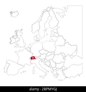 Detaillierte Schweizer Silhouette mit Nationalflagge auf Kontur europakarte auf weiß Stock Vektor