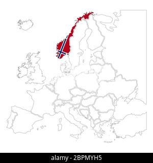 Detaillierte Norwegen Silhouette mit Nationalflagge auf Kontur europa Karte auf weiß Stock Vektor