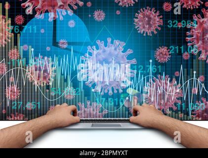 Pandemie-Ausbruch Wirtschaft und wirtschaftliche Krankheiten Angst und Coronavirus Ängste oder Virus Aktienmarkt Verkauf und Erholung als kranke finanzielle Gesundheit. Stockfoto
