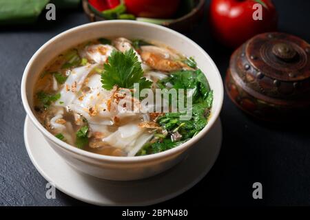 Asiatische Kway Teow Suppe Nudel- und Huhn in Schüssel auf dunklem Hintergrund. Stockfoto