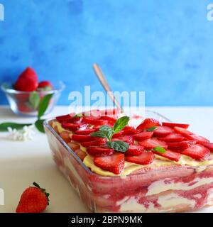 Tiramisu. traditionelles italienisches Dessert mit Erdbeere und Mascarpone. Nahaufnahme. Speicherplatz kopieren. Stockfoto