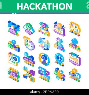 Hackathon Entwicklung Isometrische Symbole Set Vektor Stock Vektor