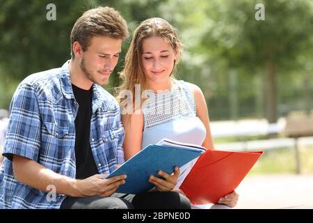 Zwei konzentrierte Studenten zusammen studieren Lesen von Notizen in einem Campus Park Stockfoto