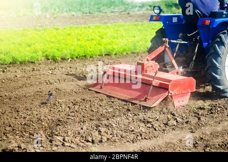 Traktor mit Fräsmaschine löst, mahlt und mischt Erde. Lockern der Oberfläche, Anbau des Landes für die weitere Pflanzung. Landwirtschaft und Landwirtschaft Stockfoto