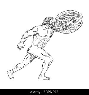 Zeichnung Skizze stil Abbildung des Herakles, eine Griechische göttlichen Helden entspricht dem römischen Helden und Gott, Hercules mit Schild und urginf in b durchgeführt Stockfoto