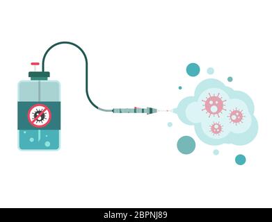 Reinigung und Desinfektion des Coronavirus. Zerstäuber und Sprüher. Pandemierisiko. Vektor-Illustration flaches Design. Vorsichtsmaßnahmen bei der Ausbreitung von Epidemien. Stock Vektor