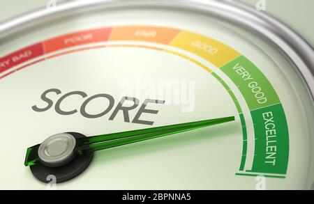 3D-Darstellung eines konzeptionellen Manometer mit Nadel nach bis ausgezeichnet. Business Credit Score Konzept. Stockfoto