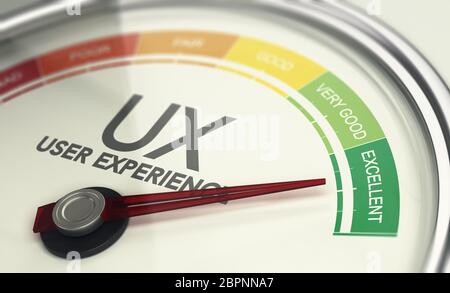 3D-Darstellung eines user experience Manometer mit der Nadel nach ausgezeichneten UX. Marketing Konzept Stockfoto