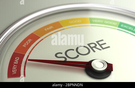 3D-Darstellung eines konzeptionellen Manometer mit Nadel nach zu sehr schlecht zählen. Business Credit Score Konzept. Stockfoto