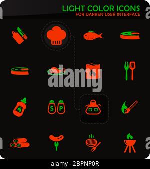 Grill einfach Farbe Vector Icons auf dunkler Hintergrund für User Interface Design Stockfoto
